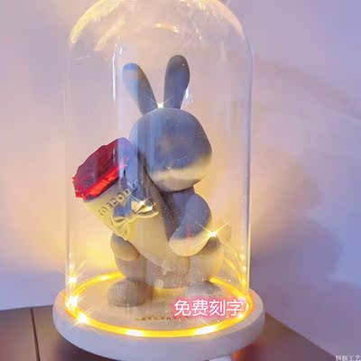 肖战同款roseonly小玫瑰公仔嘻嘻猫甜心兔告白熊永生花玻璃罩花瓶 虎窝淘