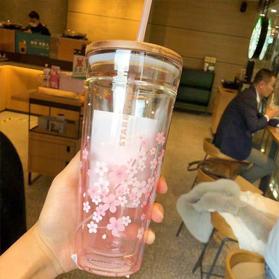 星巴克杯子21渐变粉色樱花玻璃大容量可爱不锈钢吸管杯随行杯 虎窝淘