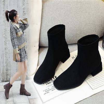 方头短靴女21年新款春季粗跟袜靴加绒学生网红爆款弹力瘦瘦靴子 虎窝淘