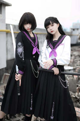 小欣原创坠蝶网不良jk制服蝴蝶刺绣黑白水手服上衣暗黑长裙套装 虎窝淘