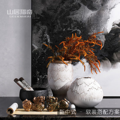 新中式禅意摆件陶罐花瓶木花盆玉石龙创意家居书房办公室软装饰品 虎窝淘