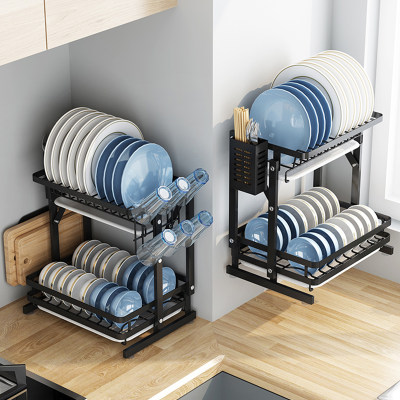 折叠碗碟收纳架多功能餐具沥水放碗架盘子碗盘架子双层厨房置物架 虎窝淘