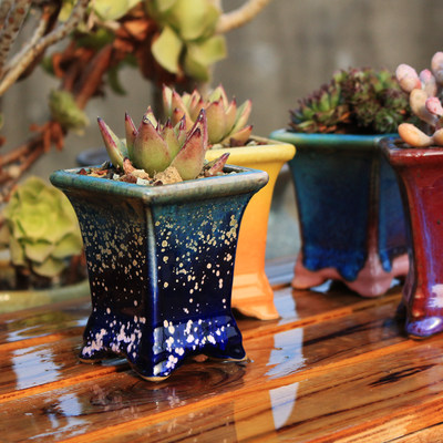 韩式云脚手工多肉植物花盆颜色釉带足长方形鼎盆透气简约老桩花器 虎窝淘