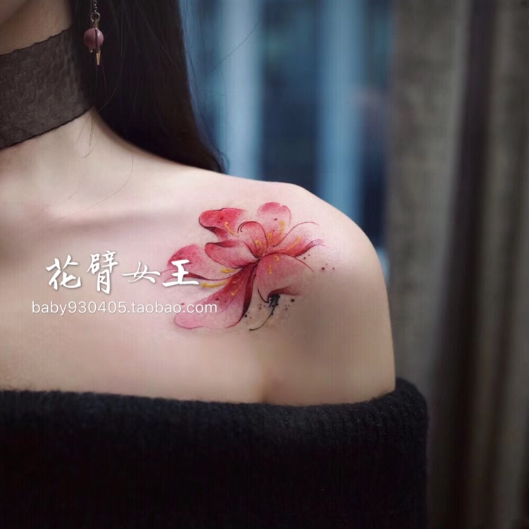 花臂少女tattoo X103 肩膀锁骨彼岸花少女纹身贴一张4个 虎窝淘