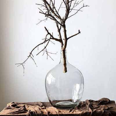 日本吊钟马醉木南天竹北欧风简约细口大肚瓶花瓶透明室内插花器 虎窝淘