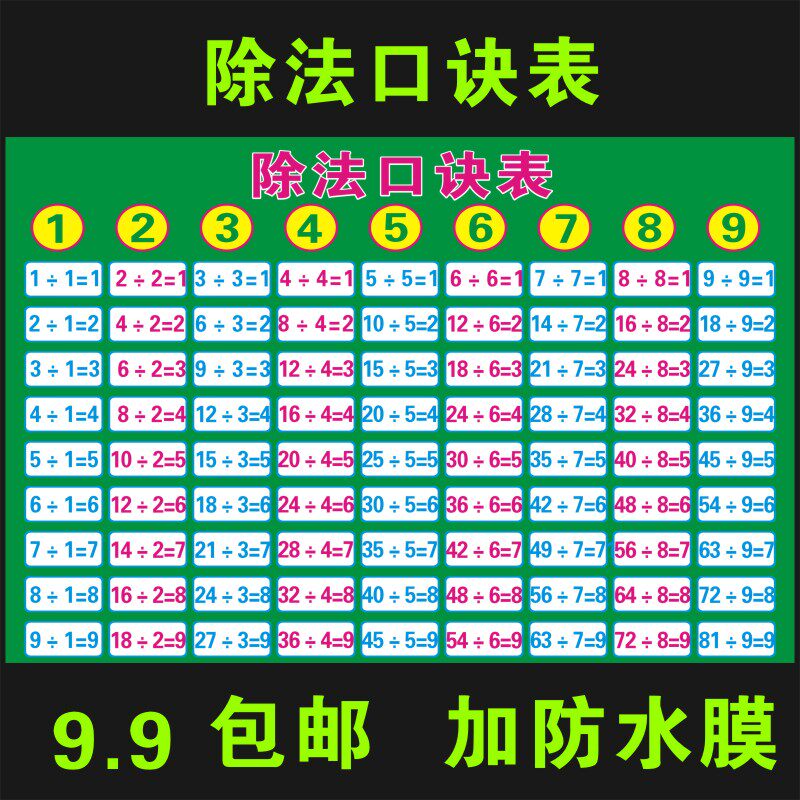 99除法口诀表墙贴小学生二年级数学海报九九加法减法乘法挂图包邮 虎窝淘