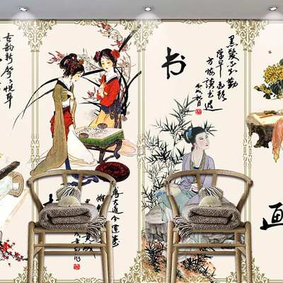 3d立体墙贴壁画贴纸壁纸自粘墙纸山水年画中式国画客厅办公室背景 虎窝淘