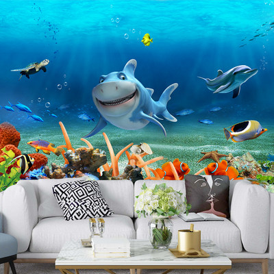 壁纸海洋3d海底动物世界自粘墙纸母婴儿游泳馆主题酒店装饰墙贴画 虎窝淘