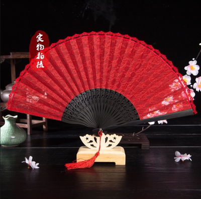 中国风红昭愿大红色扇子蕾丝扇日式复古折扇女士镂空竹制舞蹈扇子 虎窝淘