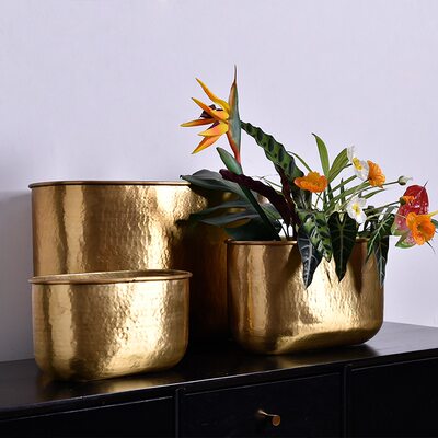 进口美式轻奢黄铜花盆金色法式金属大号花器套盆样板房软装摆件 虎窝淘