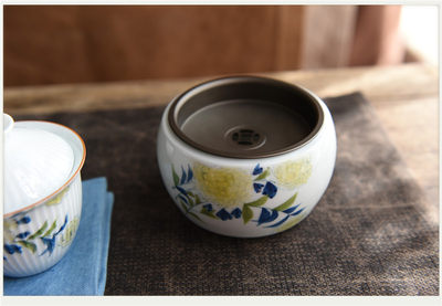 共墨复古手绘绣球花陶瓷锡盖建水水盂茶道配件日式茶道零配 虎窝淘