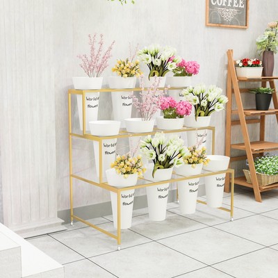 北欧金色铁艺花店花架可移动花架带万向轮鲜花展示架货架鲜花桶架 虎窝淘