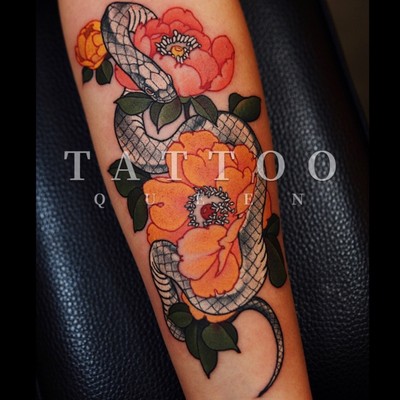 花臂少女tattoo X256 浮世绘牡丹花花朵与蟒蛇纹身贴满2张包 虎窝淘