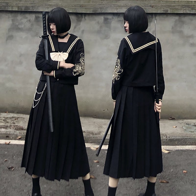 孔雀吟原创不良jk制服套装全套暗黑正统水手服少女中间服夏服长裙 虎窝淘