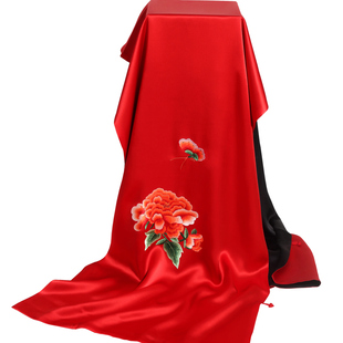 苏绣牡丹旗袍披肩女桑蚕丝双层手工绣花春秋季中国红围巾丝绸丝巾