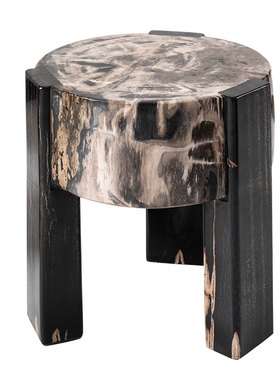 新中式风小圆几边桌石墩木化石