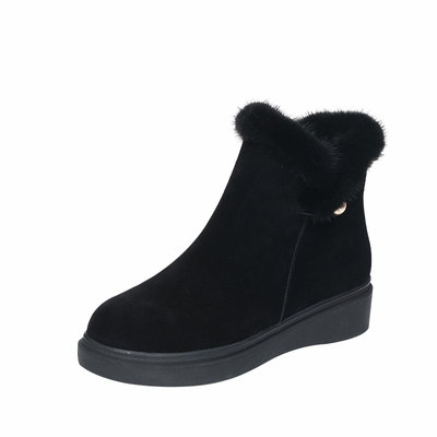 2025新款秋冬季女鞋貂毛雪地靴女加绒加厚棉鞋坡跟磨砂短靴真皮鞋