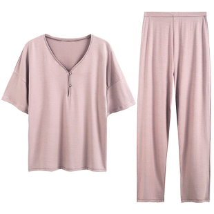 莫代尔睡衣女款夏季短袖长裤中年女士家居服夏天薄款棉绸大码套装