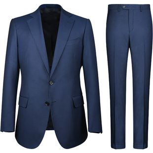 ANOS春夏鱼骨纹羊毛蓝色西服套装男半麻衬商务职业英伦风绅士西装