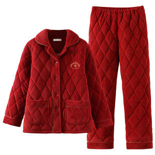 睡衣女冬天加厚夹棉法兰绒加绒珊瑚绒保暖秋冬款冬季大红色本命年