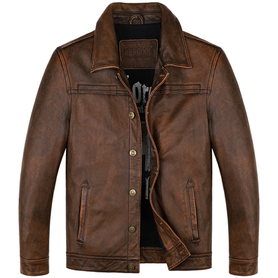 PERCOOL新品复古翻领真皮皮衣