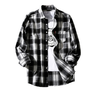 潮牌黑白格子衬衫男士长袖韩版潮流宽松衬衣外套港风日系休闲百搭