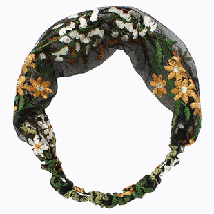 春夏季薄刺绣发箍头巾包头发带女宽边百搭外出遮白发蕾丝头套头饰