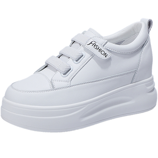 真皮内增高小白鞋女2025新款春季小个子厚底女鞋魔术贴8CM松糕鞋