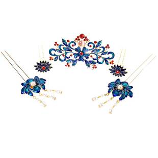 明制头饰套装景泰蓝步摇发簪烧蓝发冠女汉服发饰古风全套发钗配饰