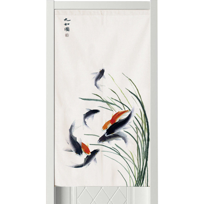 送杆门帘定制中国风荷花寓意风水帘隔断帘布帘半帘长帘遮挡装饰帘