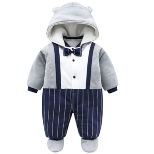 婴儿连体抱衣秋冬季装夹棉满月棉服宝宝周岁礼服男加厚外出服套装