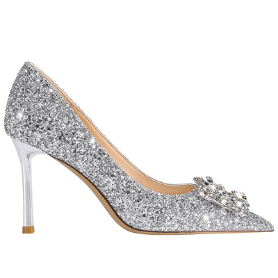 新款伴娘方扣水钻银色高跟婚鞋