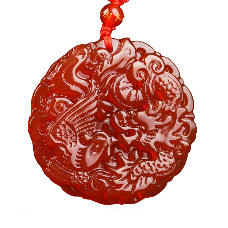 巴西红玛瑙太极八卦龙凤呈祥吊坠