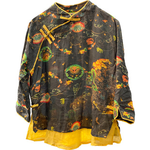 素尚春夏文艺复古印花撞色拼接汉服盘扣中式麻料衬衫女中国风上衣