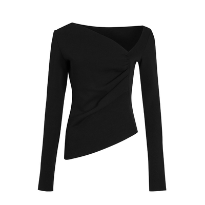 别致斜肩后构想黑色高弹针织上衣