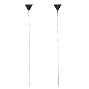S925纯银黑色三角形耳线女 韩国简约个性冷淡风长款耳环流苏耳链