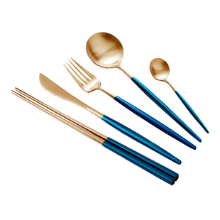 纯粹的那种蓝！高端定制刀叉勺筷子三件套装家用甜品叉勺子西餐具