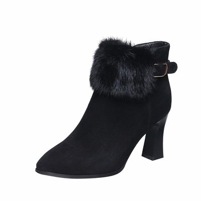 2025年新款秋冬季水貂毛高跟短靴女粗跟磨砂真皮鞋加绒棉鞋女靴子