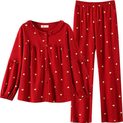 女士春秋款全棉大红色马年家居服