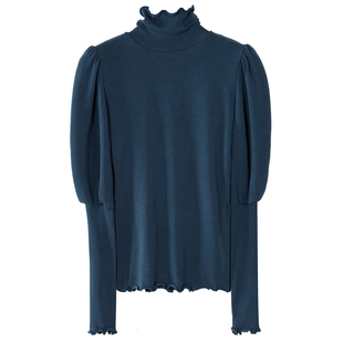 2023秋冬新款木耳边内搭纯色上衣灯笼袖高领长袖加绒加厚打底衫女