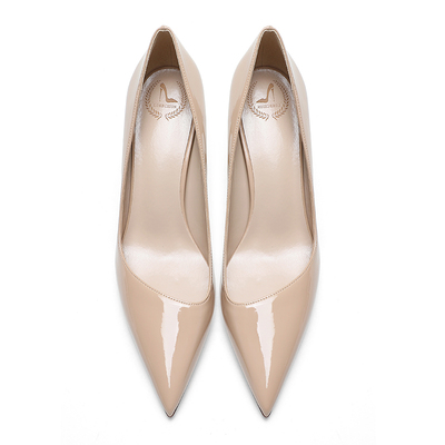 31-44码漆皮尖头斜口裸色高跟鞋