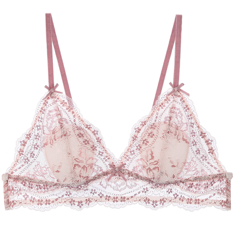 法式内衣女夏季薄款三角杯大胸显小蕾丝超薄小胸纯欲性感文胸套装