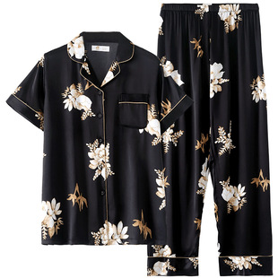 睡衣女士夏季丝绸冰丝短袖长裤家居服夏天薄款仿真丝开衫丝质套装