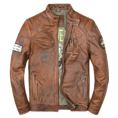 PERCOOL帅气立领头层牛皮皮夹克