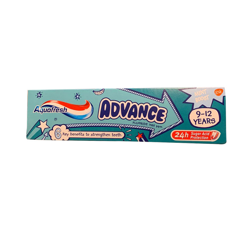英国 Aquafreshadvance低氟防蛀三色儿童牙膏9-12岁75ml 国内现货