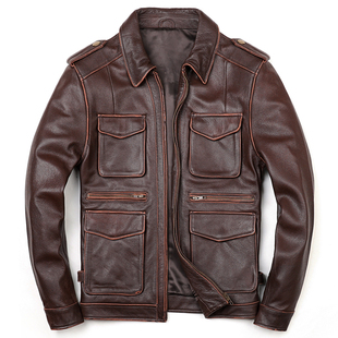 2025新款真皮皮衣头层牛皮男士猎装外套修身短款机车皮夹克上衣潮