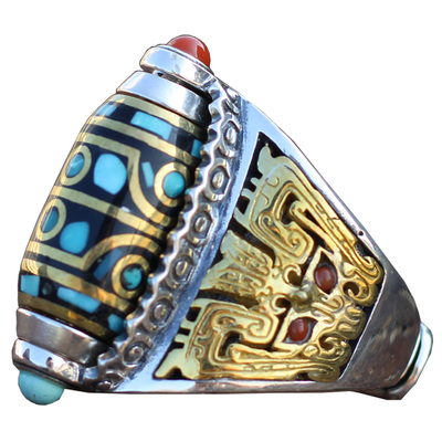 男女款复古纯银天珠戒指