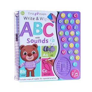 擦写发音纸板书 First Steps Write and Wipe ABC with Sounds 大开本 英文原版 儿童互动字母学习绘本 附赠马克笔 0-3岁