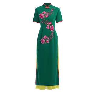 新款正宗越南奥黛旗袍走秀长款中国风舞台表演出服连衣裙优质大码