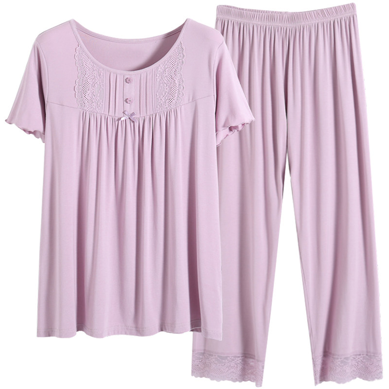 妈妈睡衣女夏季薄款短袖长裤莫代尔棉绸家居服夏天加肥加大码套装